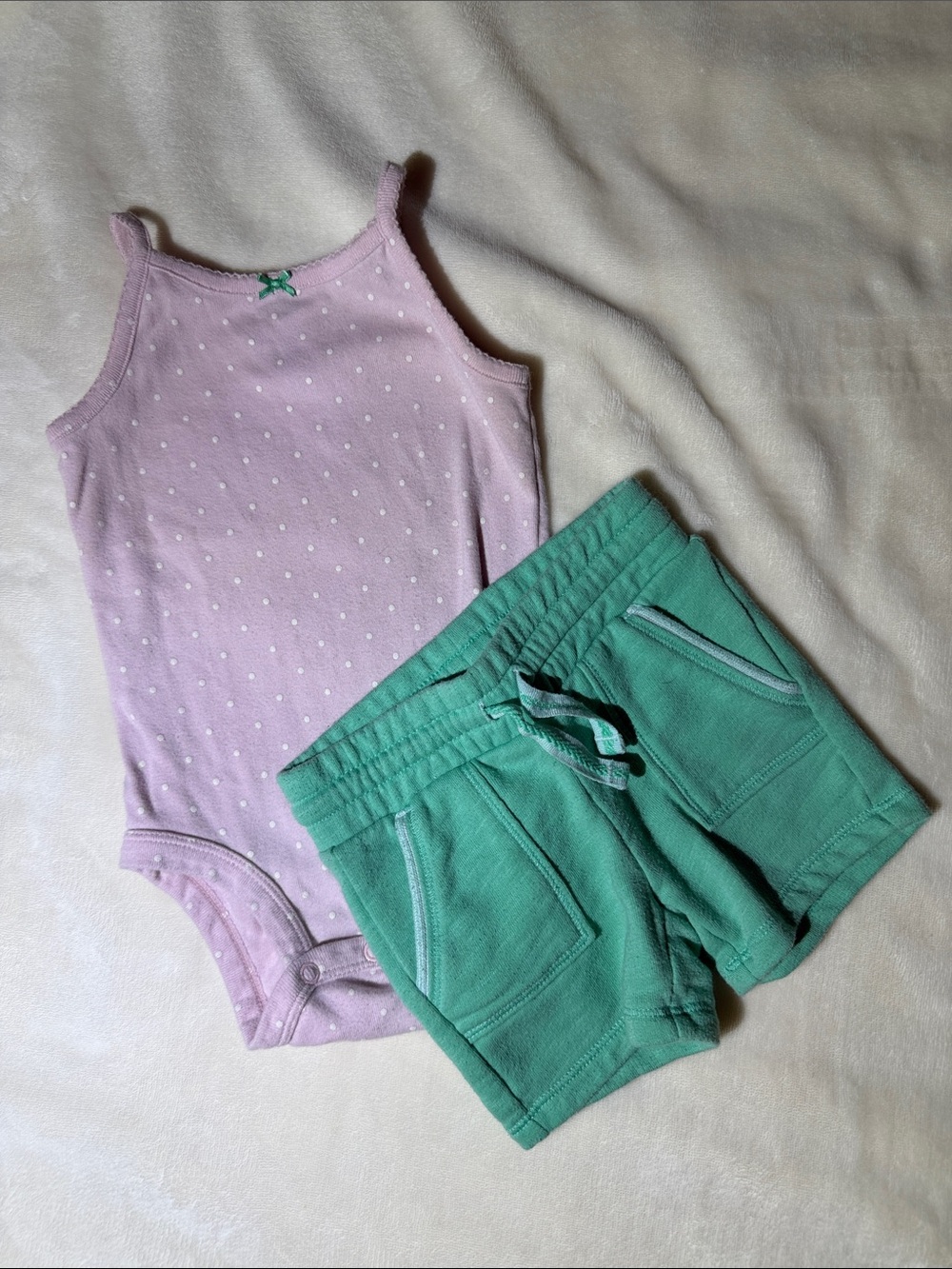 Girls Pink Dot Tank Bodysuit and Teal Drawstring Shorts Set